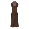 Detailed back view of dark brown sleeveless mesh dress with ruching and pleated skirt - XS / Dark Brown