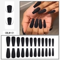 Detail of matte black long coffin press-on nails set showing sizing and hand look - Matte Black (CBLM-01) / Glue Type