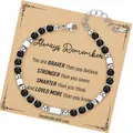 Detail view of handmade beaded bracelet with black matte stones and silver metal beads - Always Card Style / With Card / Matte Black