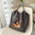 Bolsa de compras Ball Chain gris oscuro con bordado de gato y asas de cuerda trenzada - Gato Gris Chocolate / Bolsa De Compras Grande (una Sola Toma) Sin Correa Para El Hombro