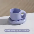 Cute purple ceramic fat mug with matching saucer set for coffee and milk - 400ml / Purple