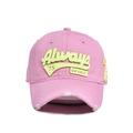 Detail of pink cotton baseball cap featuring neon letter embroidery and distressed brim - 56-60cm / Pink-Fluorescent Yellow