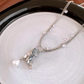 Detail of double-layer silver chain necklace with butterfly pendant and pearl drop - 21# Silver Blue Butterfly Pearl Necklace