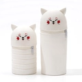Cute cream cat-shaped silicone telescopic pencil case in folded and expanded views - Cat Foldable