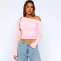 Nahaufnahme eines rosa schulterfreien bauchfreien Oberteils mit Raffungen für Damen - S / Oberteile / Rosa