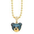 Detail of a golden beaded chain with a cute bear head pendant featuring blue crystals - Turquoise