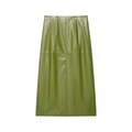 Detailed view of dark olive green leather midi skirt with high waist and central seams - S / Green Skirt