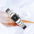 Elegant silver stainless steel quartz watch with a black tonneau dial and crystal markers - Silver (Black Dial)