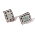 Silver geometric earrings with green marble inlay and beaded edge on white background - Lace Geometric Rectangle Natural Stone Studs - Steel Amazonite