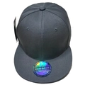 Detailed view of deep charcoal snapback cap with original laser sticker on flat brim - One Size / Dark Gray