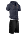 Men's summer linen set with navy blue short sleeve hooded shirt and black drawstring shorts - Navy+Black