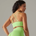 Detailed back view of neon green crisscross sports bra and ribbed high waist leggings - Cyan