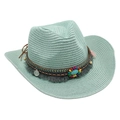 Detail of mint green straw cowboy hat with bohemian turquoise bead and tassel trim - Mint Green