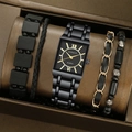 Men's square black quartz watch with gold markers and four matching designer bracelets - 1 Watch + 4 Bracelets / Black Zirconia Set