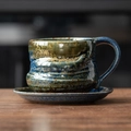 Japanese retro ceramic coffee cup and saucer set with dark blue and green glaze - 201-h Large-bellied Cup + Saucer 250ml / Universal