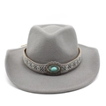 Macro detail of western cowboy hat featuring ethnic band and turquoise gemstone ornament - Gray