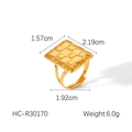 Detail of 18k gold plated stainless steel ring with textured square surface and open band - Square Plaid Style (HC-R30170)