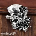 Vintage silver skull brooch with top hat and rose detail, gothic metal badge for jewelry - Antique Silver Skull Rose (XZ25145)