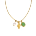 18K gold plated stainless steel necklace with seashell pendant, pearl and green gemstone - Gold