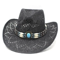 Cappello da cowboy retrò in paglia nera con perline bohémien e dettaglio in turchese - M (56-58cm) / Nero