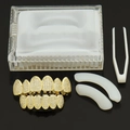 Iced out gold hip hop grillz set with tweezers and fixing bars in storage box - Full Set (With Case+Silicone+Tweezers) / Gold