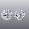Iced out silver round cluster stud earrings with glistening zircon stones for men and women - Retro Halo Round / Silver