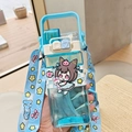 Blue square children water bottle with straw and cartoon strap for portable use - 520ml / 2057 Blue Girl