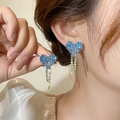Sparkling pixel heart earrings with blue gradient crystals and long tassel chains - Peacock Blue Gradient Yellow Tassel (DTE1216380BZ-Y)