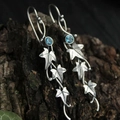 Vintage silver vine leaf earrings featuring delicate blue crystal stones on rustic bark - Light Blue (H)