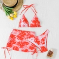 Three-piece women's bikini set with red floral halter top, bottom and drawstring skirt - S / Orange