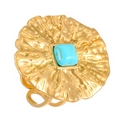 Detailed view of gold wavy texture ring featuring a square turquoise stone inlay - Stainless Steel Wavy Lotus Leaf Turquoise Ring (14不锈钢荷叶戒指1827)