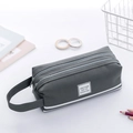 Estuche de lona gris con doble capa, cremalleras dobles y correa de mano estable - gris oscuro