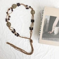 Bohemian dark brown braided belt with wooden beads and engraved brass pendants - 170cm / Yellow Oval