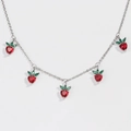 Silver strawberry necklace featuring five red heart-cut crystal pendants with green leaves - Silver Strawberry Motif Necklace