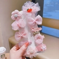 Pink girls' hair clip set featuring mesh bows, flowers, and rabbits on display card - Cartoon Hair Clip Set (With Cardboard) / 10 Pieces Pack / Soft Pink Bunny (15#)