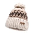 Winter knit pom-pom beanie in beige and brown with geometric pattern and ribbed cuff - Adjustable / Beige