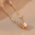 Gold box chain necklace with multi-color enamel cylinder pendant and zircon stones - Colorful Enamel Necklace (1917)