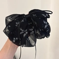 French chiffon black ponytail clip with white butterfly print and elegant long ribbons - Ponytail Claw Clip / Butterfly Print Ribbon
