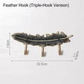 Vintage gold and black cast iron feather wall hook with three sturdy hangers - Dark Green Feather 3-Hook