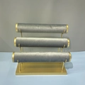 Three-tier jewelry display stand with golden metal frame and grey velvet rollers - 3-Tier Bracelet Stand (Grey)