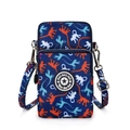 Mini crossbody phone bag in dark blue nylon featuring orange monkey patterns and dual zippers - Deep Blue Monkey Print