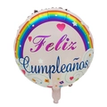 Pink round Feliz Cumpleaños foil balloon with rainbow and heart decorations for parties - Round Rainbow Spanish Birthday