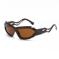 Futuristic hollow-out dark brown sunglasses with brown polarized lenses and Y2K wavy frame - Brown