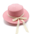 Detail of pink straw flat top hat featuring delicate beige lace band and a sweet bow - M (56-58cm) / Watermelon red