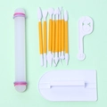 Flat lay of 11pcs fondant tool set with rolling pin and yellow sculpting needles - 4 Styles 11-piece Set 03120