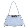 Light blue woven leather shoulder bag in a stylish half-moon shape with drawstring - Aquamarine