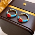 Vintage gold hoop earrings with light blue enamel and a red heart on leather box - 111 Ear Buckle-Blue Enamel Heart