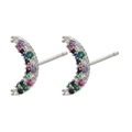 Detailed view of crescent moon stud earrings with colorful pavé-set round zircon stones - White Gold Colorful Zircon Moon