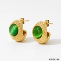 Fashionable 316 gold textured earrings featuring round green cat eye stone inlays - Gold & Green Cat's Eye