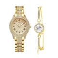 Detail view of golden rhinestone watch and bracelet set with Roman numeral dial - A8 Gold Set (Watch+Rhinestone Bangle)